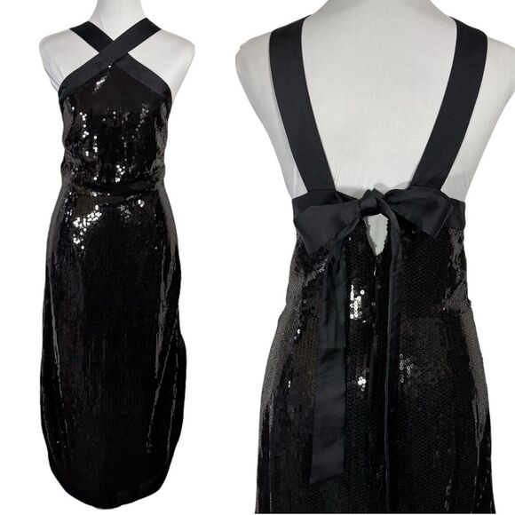 Prabal‎ Gurung Black Sequin Midi Dress Size 14 Bow Cut Out Party Formal Cocktail - Picture 1 of 16